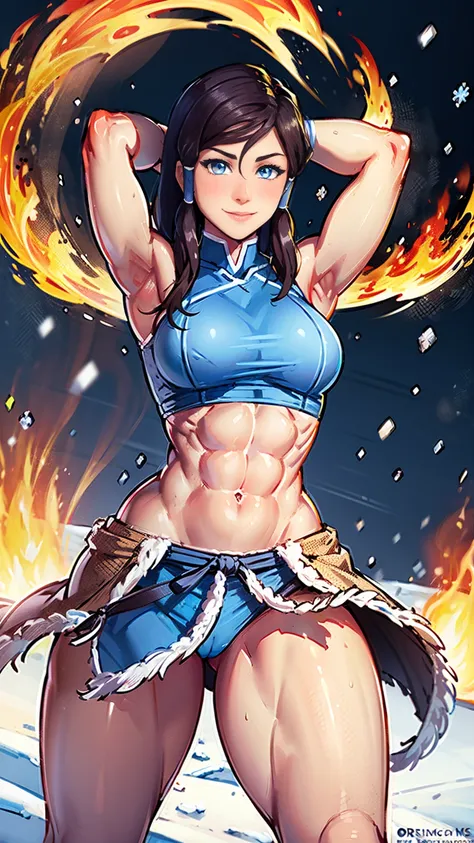 Whole body masterpiece, best quality, 1girl, korra, stmbright pale blue eyes, (strong arms) , (strong shoulders) , (strong abs) , (strong thighs), thighs showing, midriff showing, smile,standing, arms behind head pose, snow field, surrounded by mystical fi...