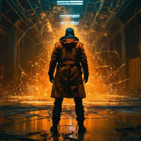 action movie still, (((in style of Jeremy Mann and Wadim Kashin))), (black and orange), vintage, parallel symmetry, sparks,
masterpiece, visually stunning, evocative, best quality, very intricate and detailed,