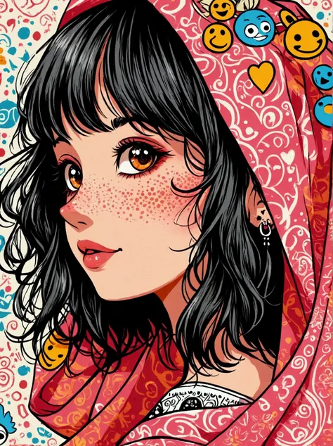 a cartoon illustration of a cute girl in a pink sling over art by mrs becca doodlefly, in the style of grunge beauty, sandara tang, mixed patterns, text and emoji installations, close up, charming character illustrations, folkloric