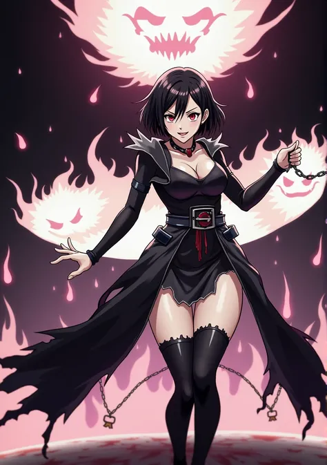 anime screenshot, 1 adult girl, dark sorceress witch, magic battle scene, powerful sorcery technique, anime tv, anime fantasy shonen, dark fantasy, magic ability, pink fire skeletons, cel shading: adult female witch in attack stance, crawling ready to atta...