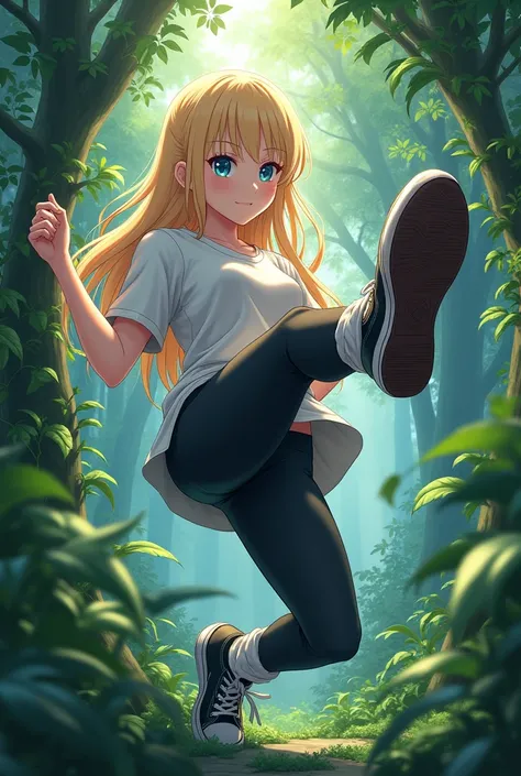 Beautiful anime girl, blonde hair, blue eyes, jungle background, vines coiled around her legs, black high top converse shoes, white socks, black leggings, white shirt, vines, kicking towards camera. 