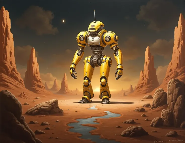 A painting in Renaissance style featuring a Mars exploration robot. The scene uses the chiaroscuro technique with dramatic contrasts of light and shadow, highlighting the robot in a Martian landscape. The color palette includes warm tones, such as deep red...