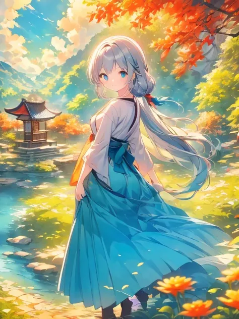 ((Highest quality)), ((masterpiece))、Small breasts are justice、background（Magnificent View）、View from afar、Multiple people、Two women、Two shrine maidens、Dance、prayer、Uplifting、Guidance、(Blue and silver long hair、Blue-green eyes)、(Scarlet long hair、Orange ey...