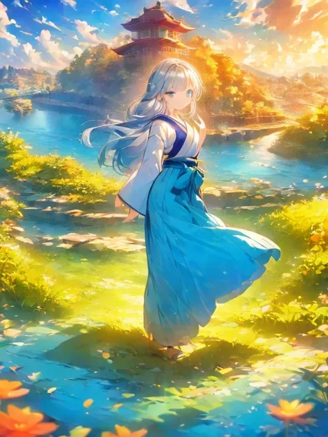 ((Highest quality)), ((masterpiece))、Small breasts are justice、background（Magnificent View）、View from afar、Multiple people、Two women、Two shrine maidens、Dance、prayer、Uplifting、Guidance、(Blue and silver long hair、Blue-green eyes)、(Scarlet long hair、Orange ey...