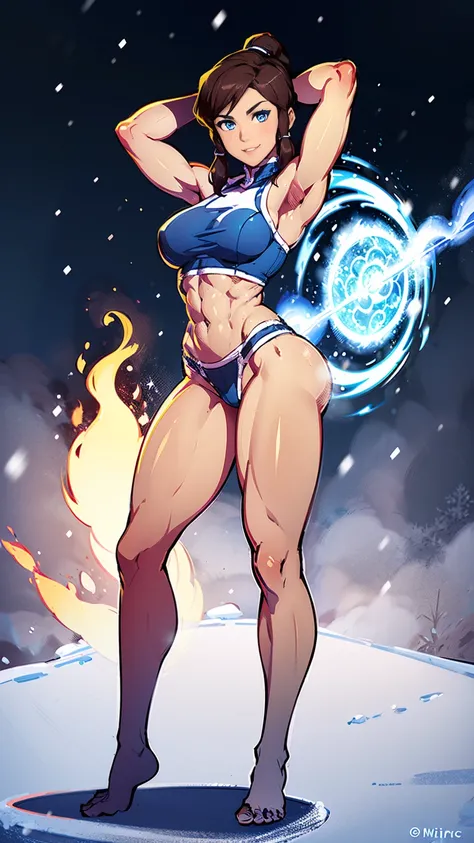 (Whole body:1.3) masterpiece, best quality, 1girl, korra, bright pale blue eyes, deep chestnut brown skin, dark skin, toned arms , (strong shoulders) , mild abs, (toned thighs), thighs showing, midriff showing, smile,standing, arms behind head pose, snow f...