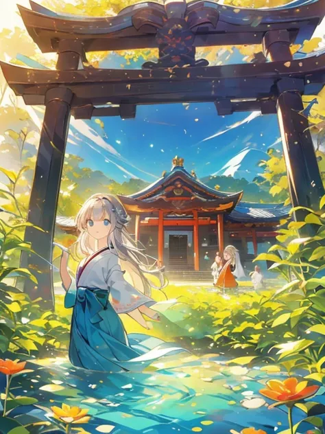 ((Highest quality)), ((masterpiece))、Small breasts are justice、background（Magnificent View）、View from afar、Multiple people、Two women、Two shrine maidens、Dance、prayer、Uplifting、Guidance、(Blue and silver long hair、Blue-green eyes)、(Scarlet long hair、Orange ey...