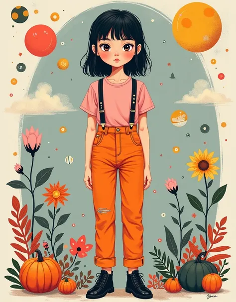 (A cute girl wearing a pink suspender)，(orange jeans:1.5)，(Black leather shoes:1.9)，front，(((whole body:1.6)))，Cartoon illustration，Created by Ms. Becca Doodlefly，Style: grunge rock beauty，sandara tang，Mixed Patterns，letter，Charming Character Illustrations...