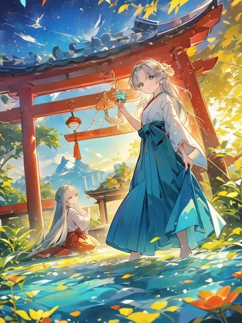 ((Highest quality)), ((masterpiece))、Small breasts are justice、background（Magnificent View）、View from afar、Multiple people、Two women、Two shrine maidens、Dance together、prayer、Uplifting、(Blue and silver long hair、Blue-green eyes)、(Scarlet long hair、Orange ey...