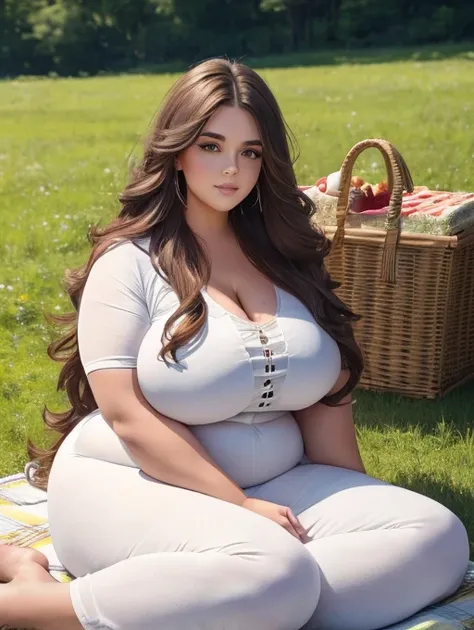 a very fat white woman with long wavy hair, face is perfect and beautiful, has huge body curves, sitting on a picnic blanket in ...