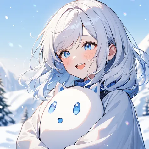 1girl,Whitehair,darkbluehair,Whiteandblueeyes,snowgirl,Happy