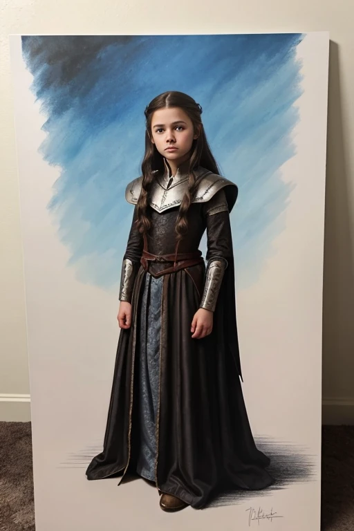 An illustrated movie poster, hand-drawn, full color, a Westerosi ironborn maiden girl with no weapons in hand, daughter of House Greyjoy, ten years old, wearing a regal medieval dress, lean and tall for her young age, pale skin, flushed complexion, long wa...