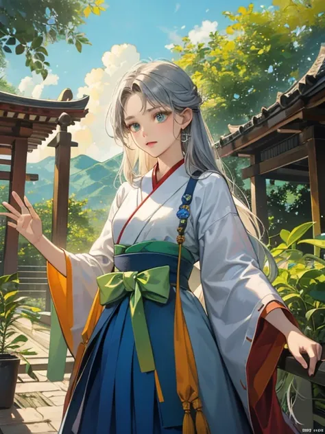 ((Highest quality)), ((masterpiece))、Small breasts are justice、background（Magnificent View）、View from afar、Multiple people、Two women、Two shrine maidens、Dance together、prayer、Uplifting、(Blue and silver long hair、Blue-green eyes)、(Scarlet long hair、Orange ey...