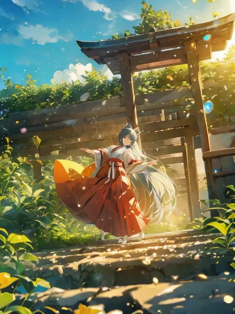 ((Highest quality)), ((masterpiece))、Small breasts are justice、background（Magnificent View）、View from afar、Multiple people、Two women、Two shrine maidens、Dance together、prayer、Uplifting、(Blue and silver long hair、Blue-green eyes)、(Scarlet long hair、Orange ey...