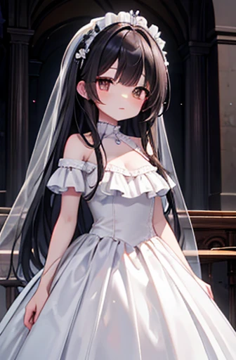 Highest quality、Brown eyes、thin、expensive、8k、girl, High resolution,Black Hair、Long Hair、White Wedding Dress、church、Off the shoulder、Frills、Big Breasts