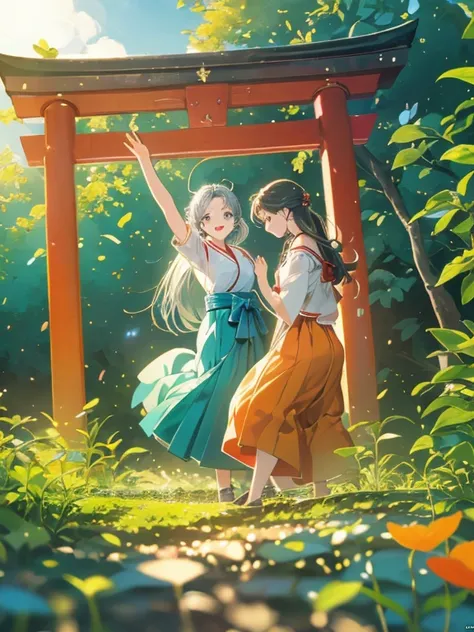 ((Highest quality)), ((masterpiece))、Small breasts、background（Magnificent View）、View from afar、Multiple people、Two women、Two shrine maidens、Dance together、prayer、Uplifting、(Blue and silver long hair、Blue-green eyes)、(Scarlet long hair、Orange eyes)、Miko cos...