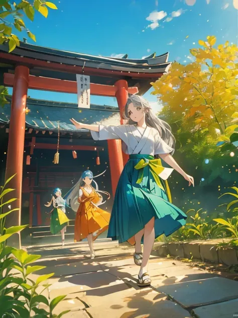 ((Highest quality)), ((masterpiece))、Small breasts、background（Magnificent View）、View from afar、Multiple people、Two women、Two shrine maidens、Dance together、prayer、Uplifting、(Blue and silver long hair、Blue-green eyes)、(Scarlet long hair、Orange eyes)、Miko cos...