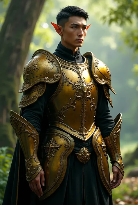 A forest elf, light beige tez. Short black hair and dark blue eyes. 1.70 cm tall. His ears are cropped. With the face cut. He is a paladin in shiny, gold and black armor..