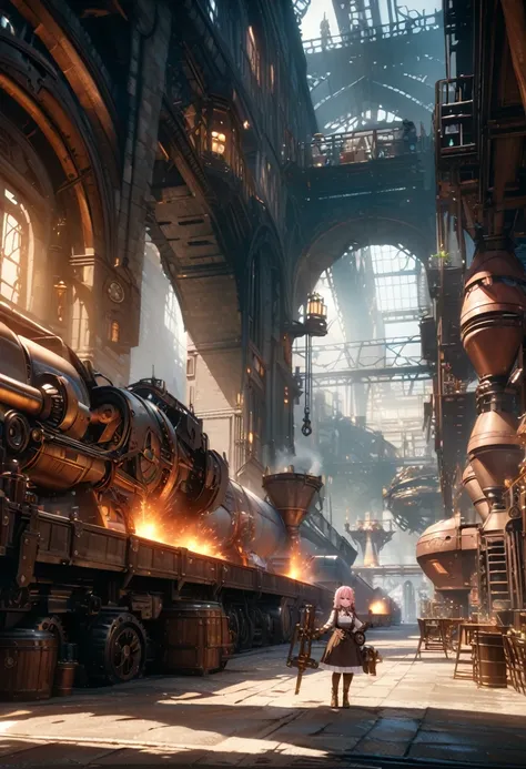 Steampunk style CG art,A mechanical girl is doing alchemy.The girl is super cute, (her whole body is steampunk mechanical:1.5).The girl is wearing a dirty workmans apron,Short white hair with pink hair mixed in,(The girl was sweating and holding a hammer:1...