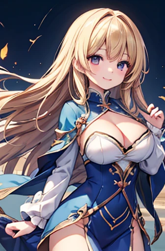 masterpiece、high resolution、Like the picture、Amazing world、Long Hair、Large Breasts、Large Breasts、I can see her cleavage、Brown eyes、Shiny blonde hair、Blue Wizard Costume、Sexy smile、Drawing from the front、The wind is blowing、Red ribbon