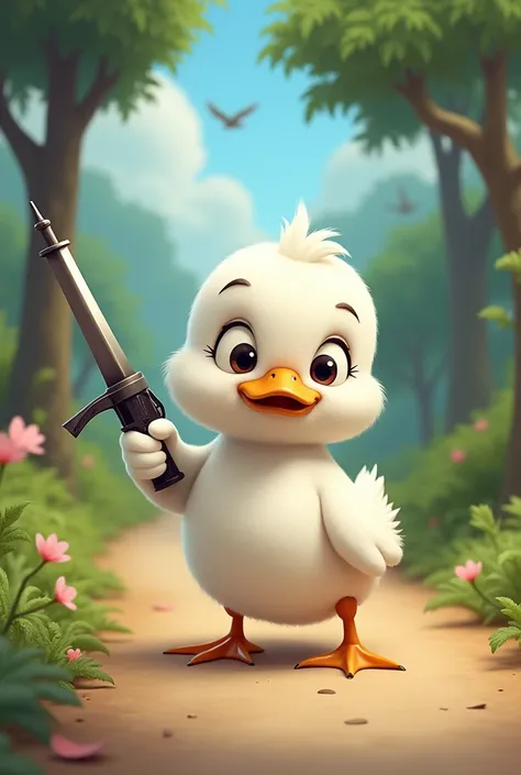 A cute white duck holding a weapon stands on the road.