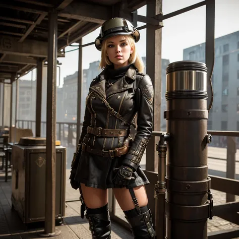 blonde, dressed in dieselpunk style, modelshooting style, (extremely detailed cg 8k wallpaper block), photos of the most beautif...