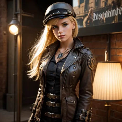 blonde, Dressed in dieselpunk style, ModelShooting style, (extremely detailed CG 8k wallpaper block), Photos of the most beautiful art in the world, majestic professional (photo by Steve McCurry), 8k contract, SLR camera, soft lighting, high quality, granu...