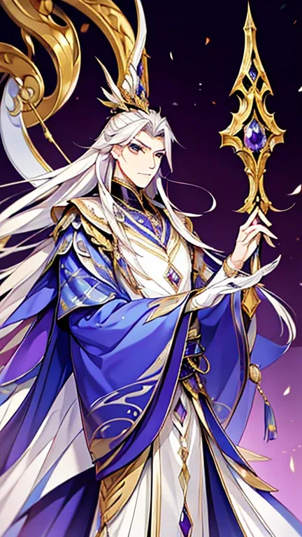 (art: 1.2), (best quality: 1.2) 1 man, mature, tall (2.00 cm), appearing to be around 35 years old, with long silver-white hair, straight and shiny, a face with majestic golden eyes and vertically slit pupils, extremely detailed eyes, perfect eyes, extreme...