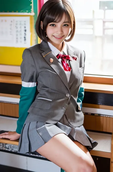 (8k, Highest quality, masterpiece: 1.2), (Realistic, photoRealistic: 1.2), sitting, (Panty shot)))), (Spread your legs)))), alone, 15 years old, (((日本のhigh school girl: 1.6))), In the classroom, Wet, Gaze at the viewer, (sit: 1.5), loafers, smile, Big Brea...