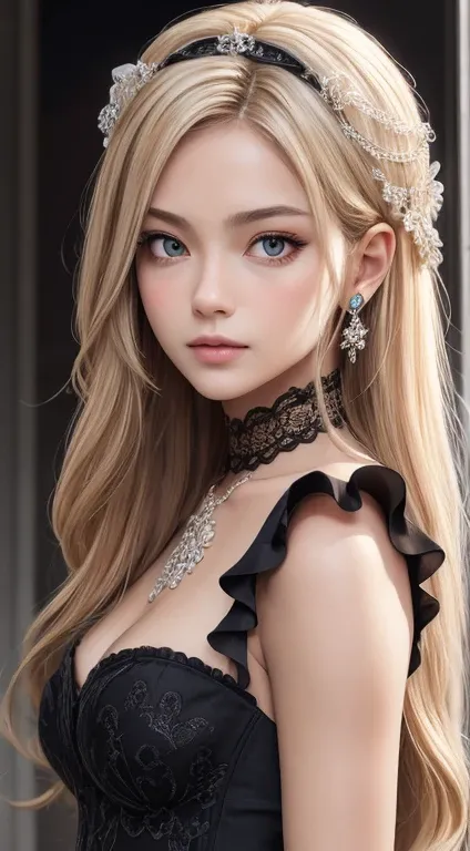 masterpiece, Highest quality, Official Art, Very detailed CG ユニティ 8k 壁紙, Very detailed, figure,Gray Hair, Blonde Hair、、Bustier、long hair、Veil hair ornament、Wear a lace veil