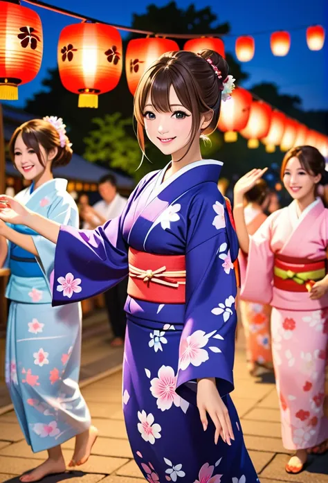 Highest quality、High resolution、Detailed Background、Teenage beauty、Detailed face、cute hair color、Bun Hair、Perfect body line、(Lively girl dancing at Bon Odori venue:1.5)、(Dancing with hands up high:1.5)、night、A lot of girls、Festivals、Bon Odori venue、A big s...