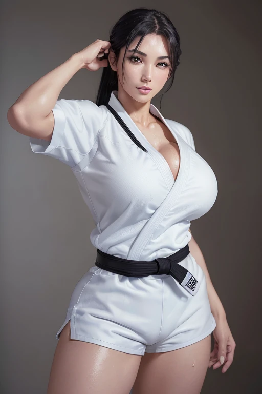 (8k, RAW Photos, A masterpiece of quality: 1.2), (Realistic, photoRealistic: 1.37), ((A little bit of cleavage 1.3))，Female Judo Athletes, ((Big Breasts 1.2)), ((Black Hair 1.6)), Mid-length hair, ((Sweaty 1.5)), ((Shiny skin 1.4)), Judoka, ((A beautiful f...