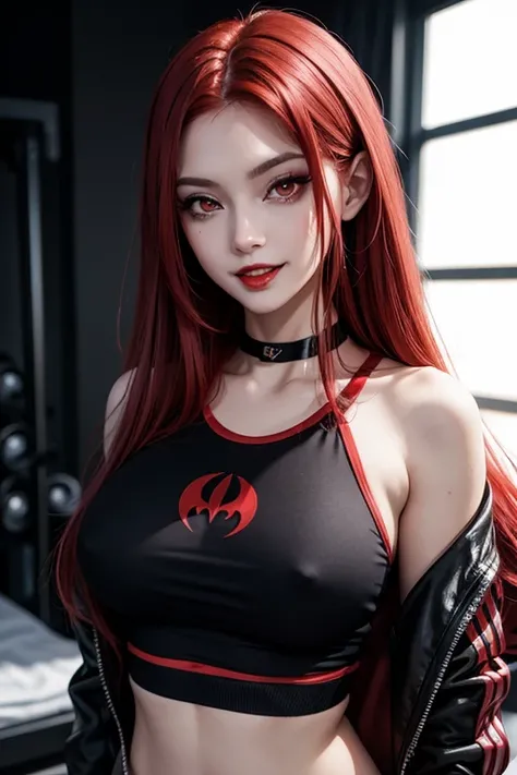 Anime woman,redhead, red eyes, glowing eyes, long hair, gym clothes, black clothes, sexy body, red lips, malicious smile, vampire fangs, sexy clothes, chocker, clothes written slut,  in face, 