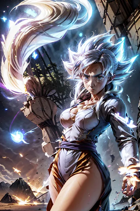 8k, Best Quality, masterpiece, Victoria Villarruel dressed as Vegeta, 1 girl, ultra_instinct, white_hair, glowing aura, bright white long hair, floating hair raised, bright silver eyes, slim with wide hips, serious mocking expression. outdoor, clearing, pl...