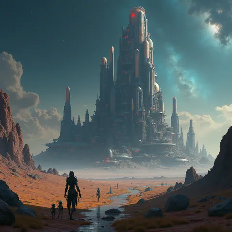 A sprawling alien base on a distant, desolate planet, with strange architecture, glowing structures, and alien creatures patrolling the perimeter. The sky is filled with unfamiliar constellations and distant galaxies. (masterpiece, ultra detailed, 8K, high...