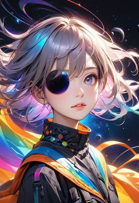 ([Eye patch:Expanding black hole:0.3], Swirling Galaxy, no gravity), Absurd aesthetics, 
BREAK Seamless Blend, holographic, Fantastic iridescent colors, cyber punk, 
BREAK Ultra-realism, Detailed and realistic skin texture, Detailed and intricate texture, ...