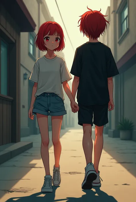 Short red hair anime girl walking with artist Lil Peep