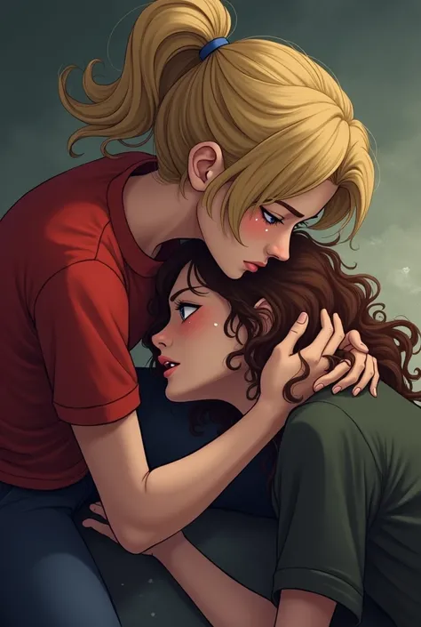 A blonde woman, with curly hair in a ponytail and a red shirt, holding another woman unconscious with brown long curly hair, on the ground in a protective manner, crying, with a dramatic tone, holding her closely against her chest. Create images in various...