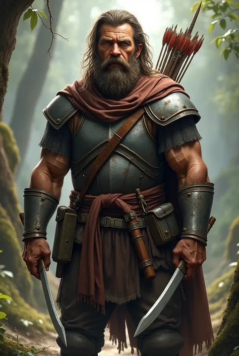 31 old man with a Brown beard, some face wrinkles, Brown long hair and Brown  eyes, good muscle definition, around 1,76 cm of height, wearing a simple scale mail as armor two shortswords and a large bow with and quiver. An Explorer 