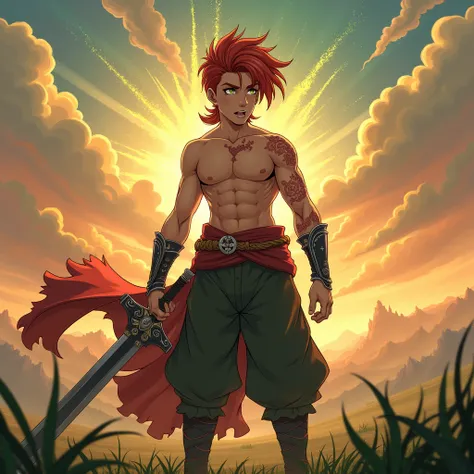 ((Masterpiece)) ((Ultra-detailed)) ((Fantasy)) An 19 years old boy, Red mullet hair, Scar on eye, Perfect figure, anime face, perfect muscle, shoulder, bicep, tricep, holding heavy sword, perfect art, Glowing green 
particle, at battlefield on sunset