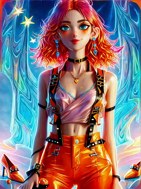 (A cute girl wearing a pink suspender)，(orange jeans:1.5)，(Black leather shoes:1.9)，front，(((whole body:1.6)))，Cartoon illustration，Created by Ms. Becca Doodlefly，Style: grunge rock beauty，sandara tang，Mixed Patterns，letter，Charming Character Illustrations...