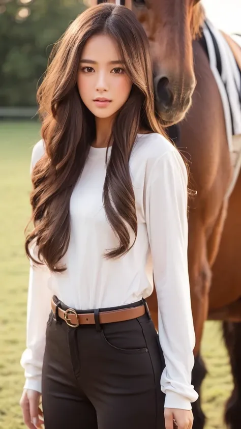 1girl, pants, shirt, outdoors, long_hair, white_shirt, solo, brown_hair, realistic, blurry, blurry_background, horse, black_pants, animal, long_sleeves, day, belt, lips, holding, brown_eyes