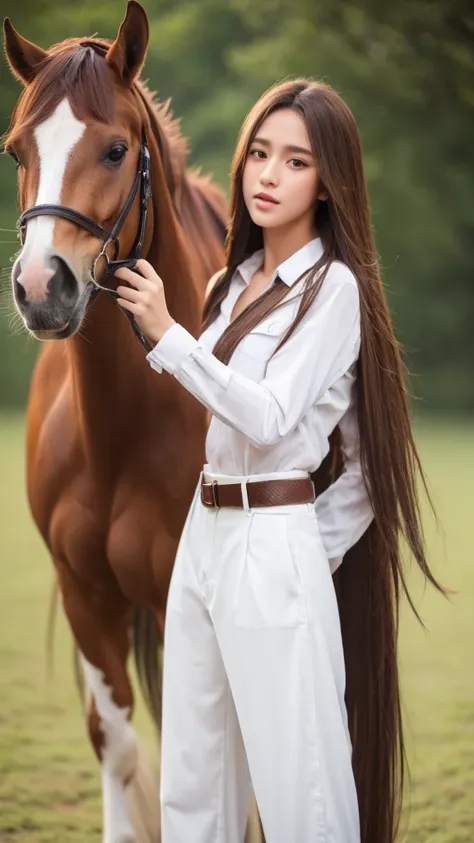 1girl, pants, shirt, outdoors, long_hair, white_shirt, solo, brown_hair, realistic, blurry, blurry_background, horse, black_pant...