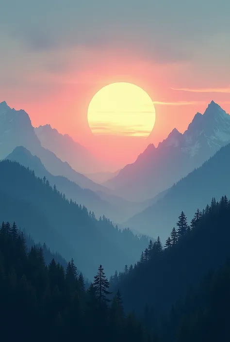 Create a background that has sun and mountain and the background is in ligth colour  in 19:10 aspect ratio 
