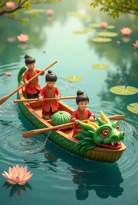 Dragon Boat Festival, on the surface of the water there are 3 children wearing Hanfu paddling on the dragon boat, there are delicious zongzi on the boat, green zongzi are super detailed, the best quality, there are lotus leaves on the water, super detailed...