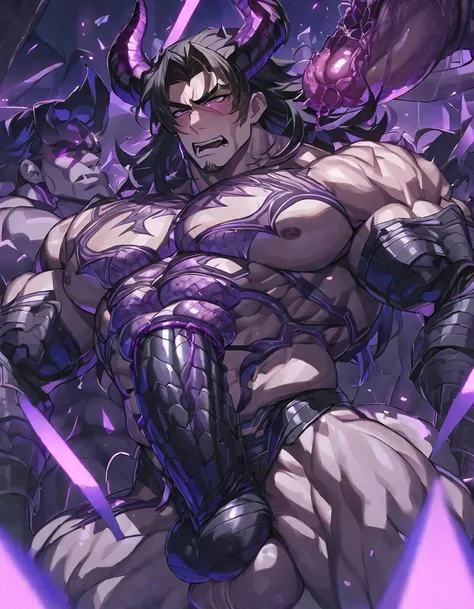 One, good looking, 1 person, Sporty body, V-shaped body, Detailed armor in black with purple glittering details, black demon horns, Long Hair, Black Hair, Reddish purple color of reptile eyes, Purple thread, Black light,Muscular boy,Huge penis,Huge muscles...