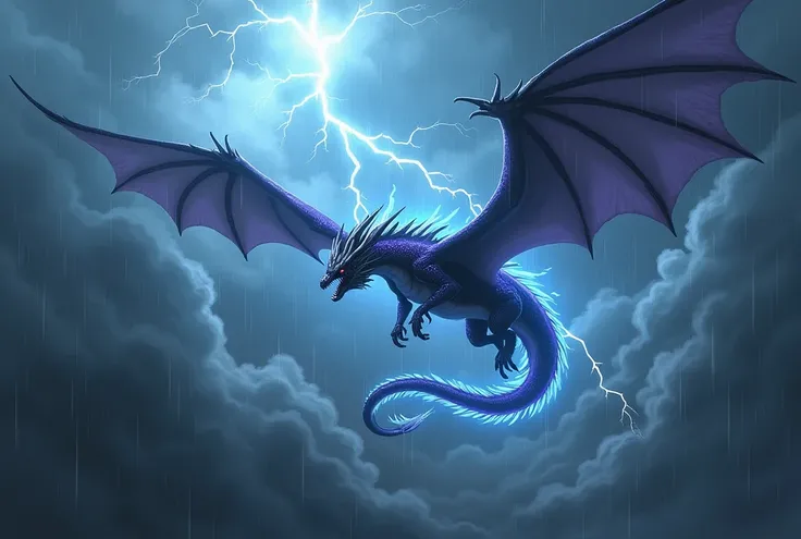 A storm dragon Flys through a violent storm surrounded by lightning 