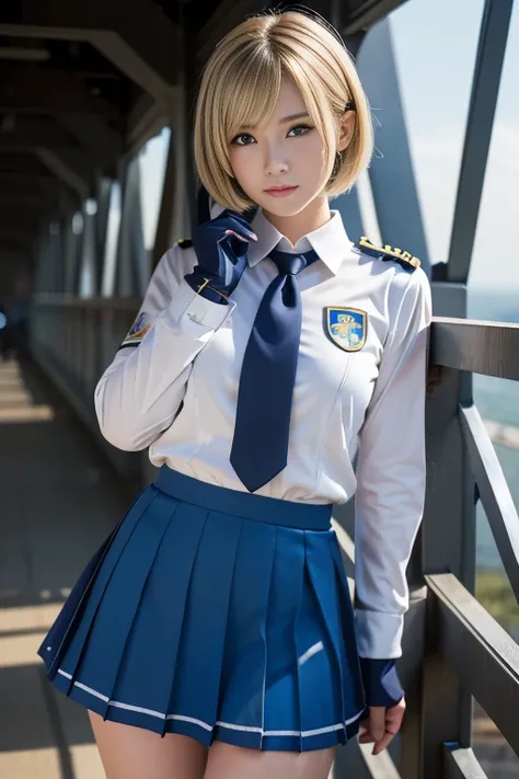 15-year-old girl、Earth Federation Operator Girl Soldier、((Shiny skin 1.5)),((Sweaty 1.3)),((Blonde Short Hair))、Cute like an idol、Childish face and appearance、Accurately drawn face and skirt of Earth Federation uniform))、White and blue uniform、(A uniform t...