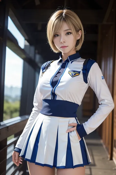 15-year-old girl、Earth Federation Operator Girl Soldier、((Shiny skin 1.5)),((Sweaty 1.3)),((Blonde Short Hair))、Cute like an idol、Childish face and appearance、Accurately drawn face and skirt of Earth Federation uniform))、White and blue uniform、(A uniform t...