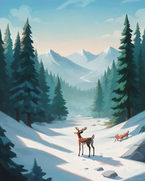 Winter Forest Painting Samsung Frame TV Art, Fir art for TV, Winter landscape with deer,