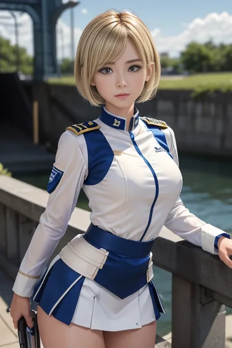 15-year-old girl、Earth Federation Operator Girl Soldier、((Shiny skin 1.5)),((Sweaty 1.3)),((Blonde Short Hair))、Cute like an idol、Childish face and appearance、Accurately drawn face and skirt of Earth Federation uniform))、White and blue uniform、(A uniform t...